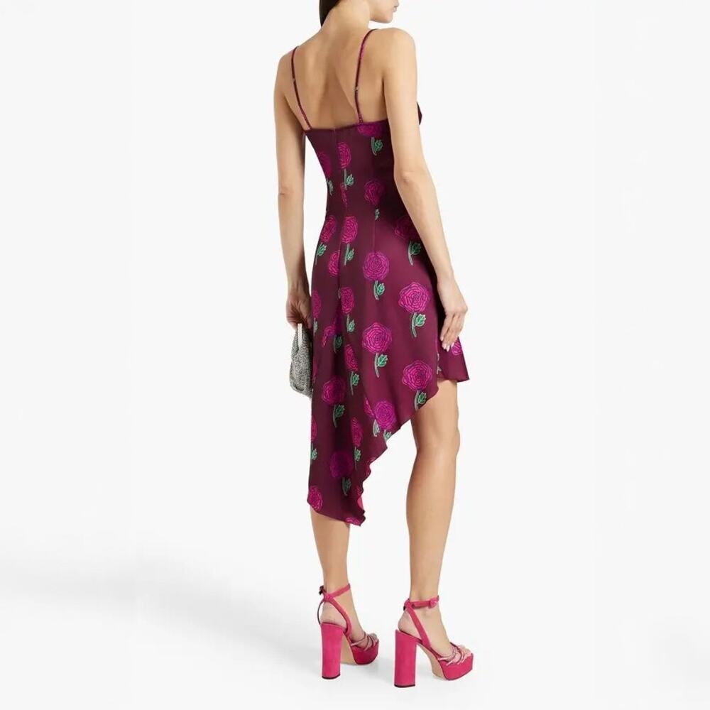 Versace Jeans Couture Rose Print Asymmetric Satin Dress NWT Size 4 - Picture 2 of 11